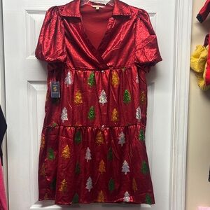 New Simply Southern Shimmer Red  Dress with Sequined Tree Pattern Medium